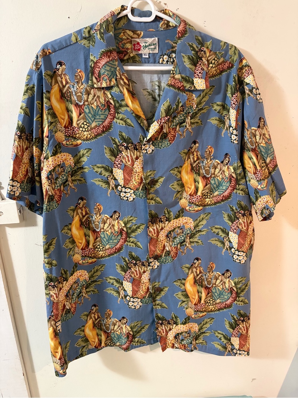 Tropical Print Short-Sleeve Button-Down Shirt - Blue